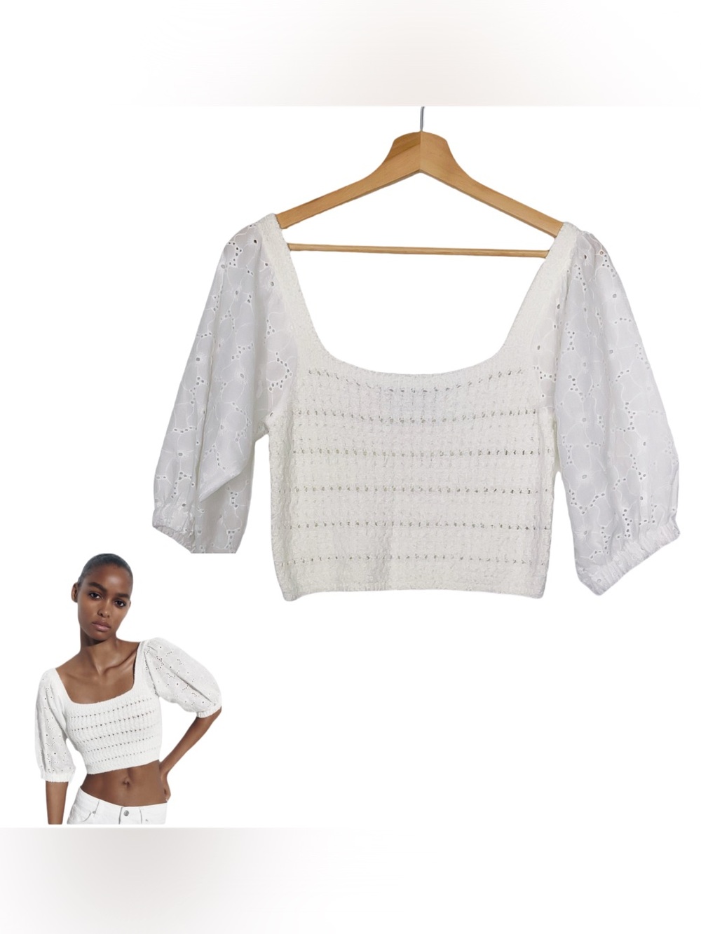 Zara Contrast Knit Crop Top White Eyelet Size Medium